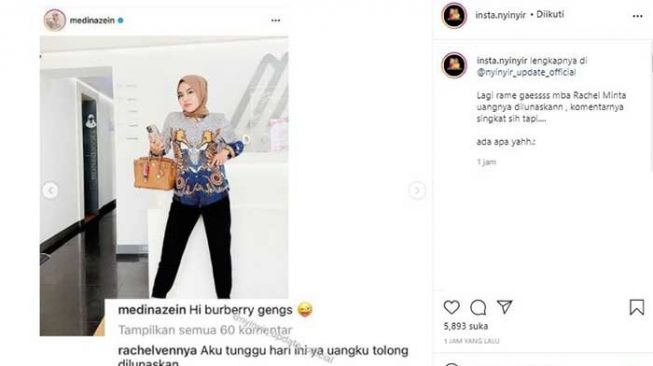 Komentar Rachel Vennya di unggahan Instagram Medina Zein. [Tangkapan layar Instagram]