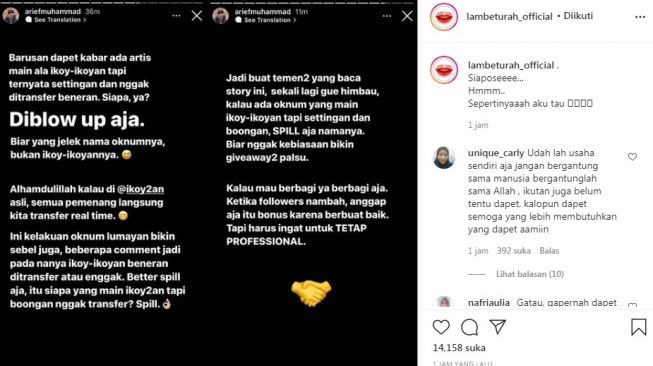 Unggahan soal Arief Muhammad [Instagram/@lambeturah_official]