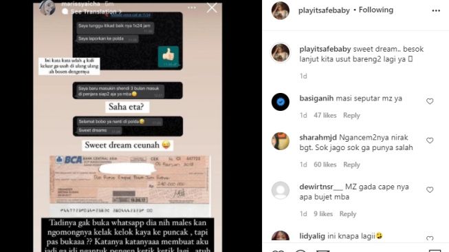 Tangkapan layar dari akun gosip soal curhat Marissya Icha [Instagram/@playitsafebaby]