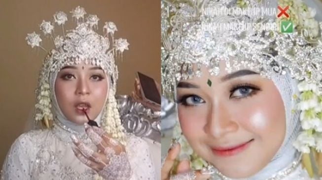 Pengantin Make Up Sendiri Demi Ngirit, Hasilnya Bikin Salfok. (TikTok/@dila_makeup)