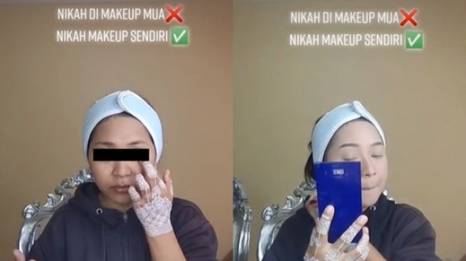 Pengantin Make Up Sendiri Demi Ngirit, Hasilnya Bikin Salfok. (TikTok/@dila_makeup)