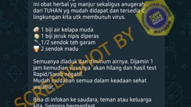 Kabarnya campuran air kelama muda, jeruk nipis dan garam bisa jadi obat COVID-19. Apakah benar? Simak cek fakta berikut ini. 