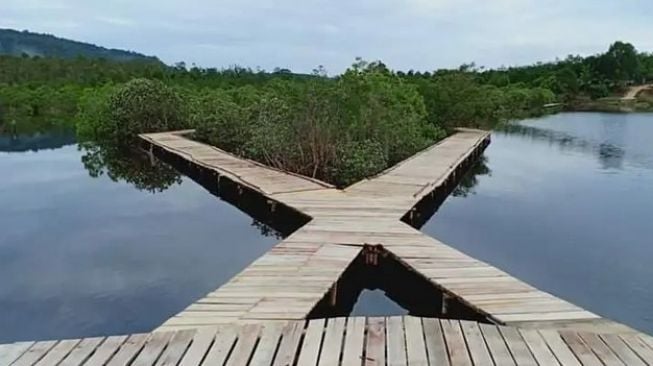 Pulau di tengah Danau Laet yang bisa ditempuh dengan jembatan dari kayu mengelilingi pulau [InsidePontianak.com].