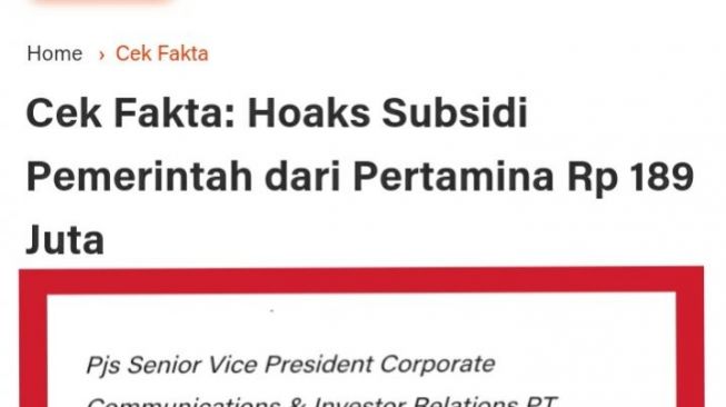 Fakta Pertamina beri hadiah RP 189 juta (Turnbackhoax.id)