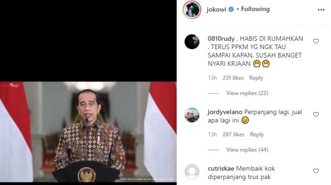 Komentar netizen di akun instagram @jokowi [akun instagram @Jokowi]