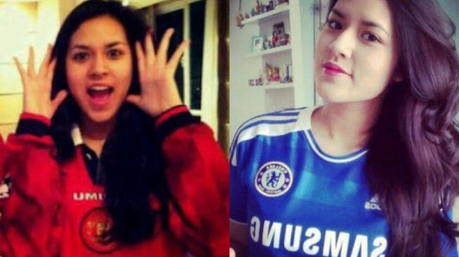 Raisa saat pakai jersey Man United dan Chelsea. (Kolase Twitter)