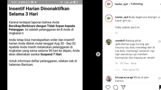 Driver Ojol dilaporkan customer hingga kena sanksi (instagram)