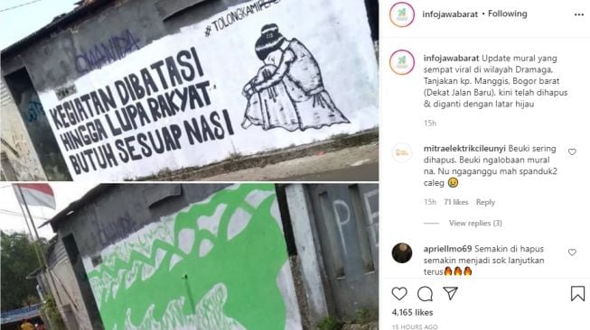 Mural bernada kritik di salah satu tembok di wilayah Dramaga, Kampung Manggis, Bogor Barat. [Instagram@jabodetabekcom]