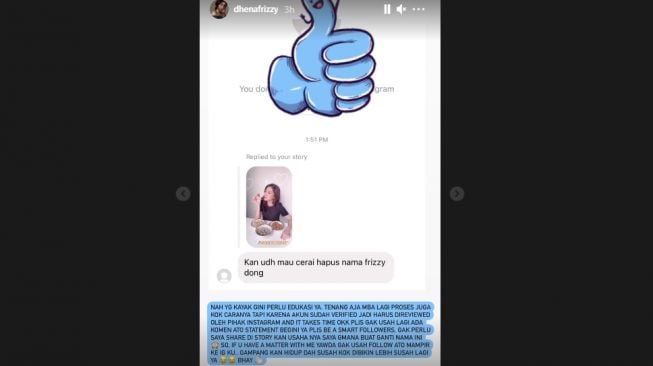 Unggahan Insta Story Dhena Devanka. [Instagram/dhenafrizzy]
