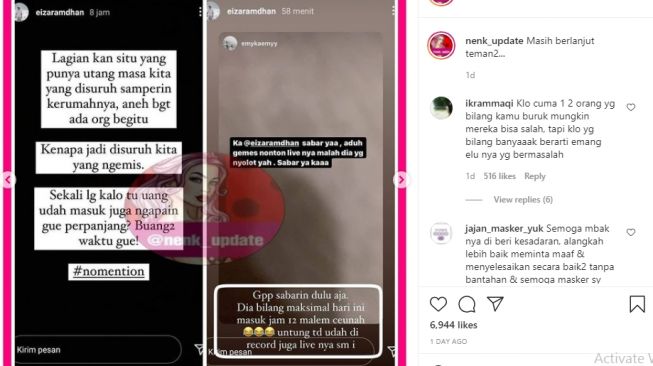 Instagram Story Eiza Ramdhan soal sosok yang diduga Medina Zein memiliki utang [Instagram/@nenk_update]