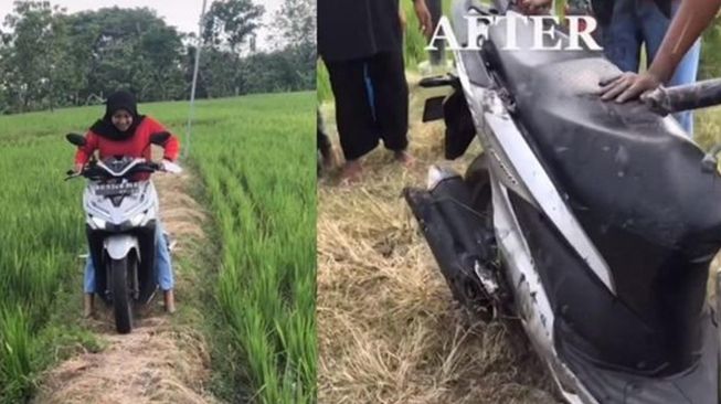 Buat Konten Naik Sepeda Motor di Pematang Sawah, Ending Video Tak Sesuai Harapan