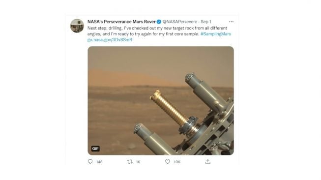 Postingan NASA, perseverance ambil sampel kedua di Mars. [Twitter]