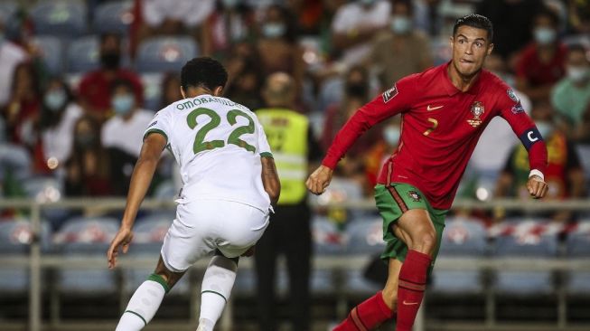 Penyerang timnas Portugal Cristiano Ronaldo dalam matchday keempat Grup A kualifikasi Piala Dunia 2022 zona Eropa antara Portugal vs Irlandia di stadion Algarve di Loule, dekat Faro, Portugal selatan, pada September 1, 2021.CARLOS COSTA / AFP.