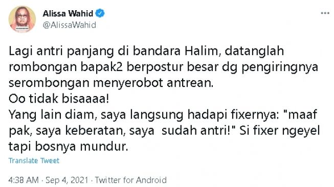 Alissa Wahid tak terima diserobot pejabat saat antre di bandara (twitter)