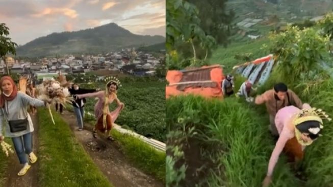 Prewedding Barbar! Calon Pengantin Naik Gunung Pakai Baju Adat, Hasilnya Bikin Syok