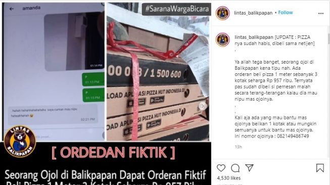 Viral driver kena order fiktif (Instagram/Lintas_Balikpapan).