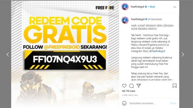 Kode redeem FF Free Fire September 2021 (instagram/freefirebgid)