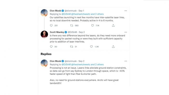 Cuitan Elon Musk menjawab soal kecepatan transfer data. [Twitter]