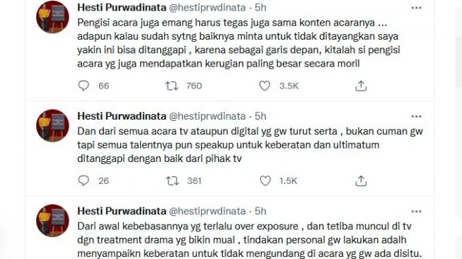 Hesti Purwadinata dengan tegas menolak acara yang dibintanginya mengundang Saipul Jamil. [Twitter]