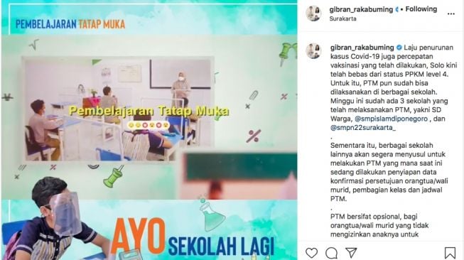 Unggahan Wali Kota Solo Gibran Rakabuming Raka, ia diprotes oleh orang tua siswa, mereka sudah bayar mahal sekolah setiap bulannya, tapi tidak mendapatkan pendidikan yang setimpal termasuk pembelajaran tatap muka atau (PTM). [Instagram]