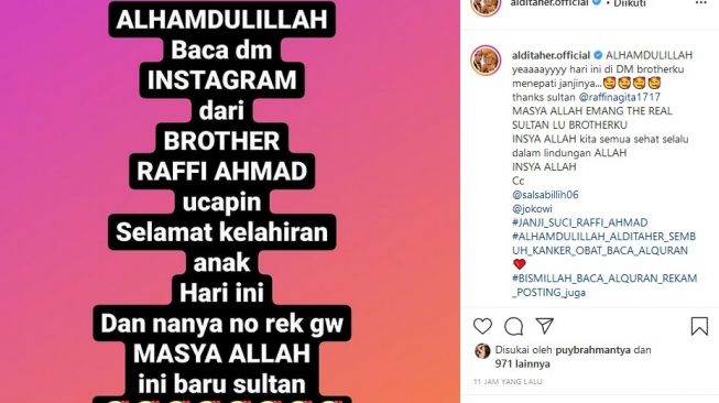 Aldi Taher mengaku ditransfer sejumlah uang oleh Raffi Ahmad. [Instagram]