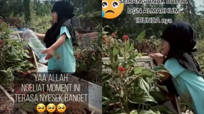 Bocah datangi makam sang ibunda. (Tiktok/anto_grsik)