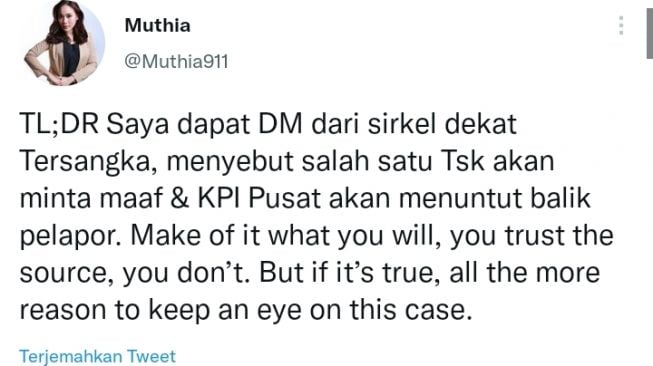 Viral isu yang menyebut KPI berencana menuntut balik korban pelecehan. (Twitter)