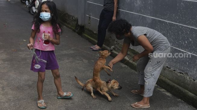 Warga membawa hewan peliharaannya untuk melakukan vaksinasi rabies dan pemeriksaan kesehatan hewan peliharaan secara gratis di RT 01/02, Cilangkap, Cipayung, Jakarta, Selasa (7/9/2021). [Suara.com/Angga Budhiyanto]