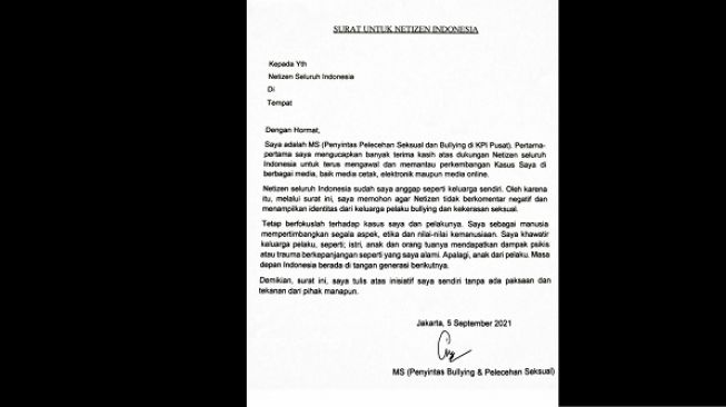 Surat dari MS korban pelecehan di KPI untuk netizen Indonesia. (istimewa)