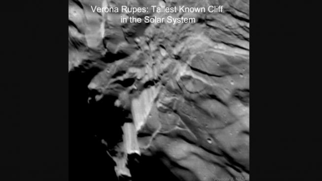 The highest cliff on Uranus, Verona Rupes. [NASA]