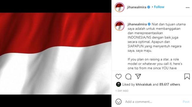 Unggahan Jihane Almira saat membela Indonesia [Instagram/@jihanealmira]