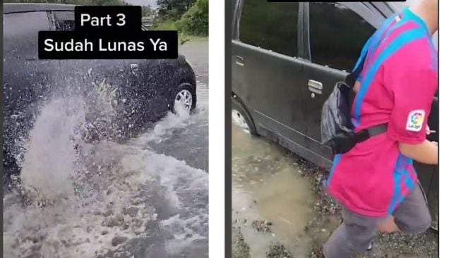 Toyota Avanza terjebak di sungai membuat warga berbondong-bondong membantu mengevakuasi (TikTok)