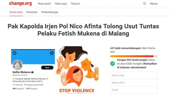 Kasus Fetish Mukena di Malang Memakan Banyak Korban, Warganet Bikin Petisi. [Instagram/changeorg_id]