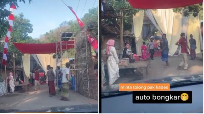 Berkat bantuan pak kades, pemobil bisa melintas di jalan yang dipakai untuk hajatan (TikTok)