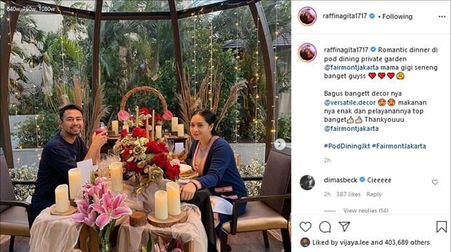 Raffi Ahmad dan Nagita Slavina dinner romantis di hotel mewah. (Instagram/@raffinagita1717)