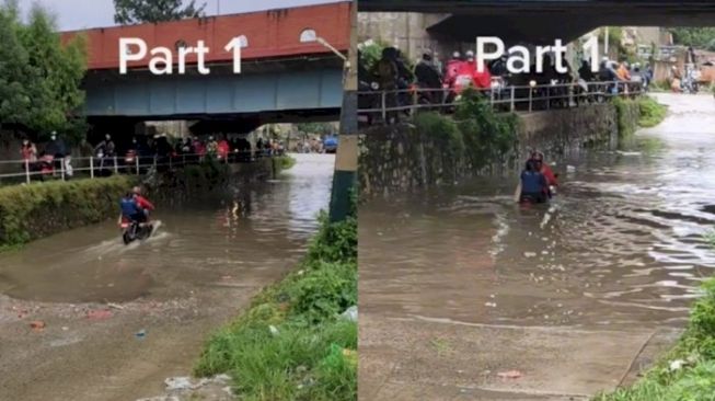 Dua Sejoli Nekat Terjang Banjir Naik Sepeda Motor, Endingnya Menahan Malu