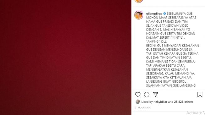 Unggahan Gilang Dirga yang tak terima dibully bikin konten bersama Saipul Jamil [Instagram/@gilangdirga]