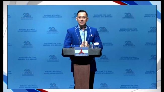 Ketua Umum DPP Partai Demokrat Agus Harimurti Yudhoyono (AHY) saat pidato di HUT Demokrat ke-20. (tangkapan layar/istimewa)