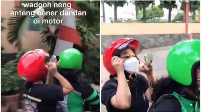Bonceng Ojek Online, Wanita ini Santuy Dandan di Atas Sepeda Motor, Videonya Viral