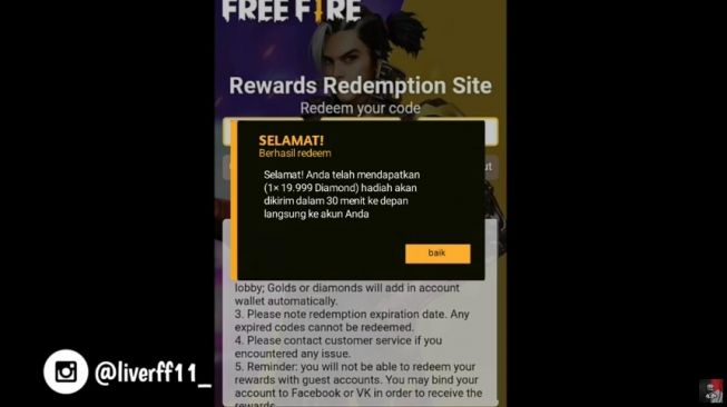 Hadiah kode redeem FF Free Fire (YouTube liver ff)