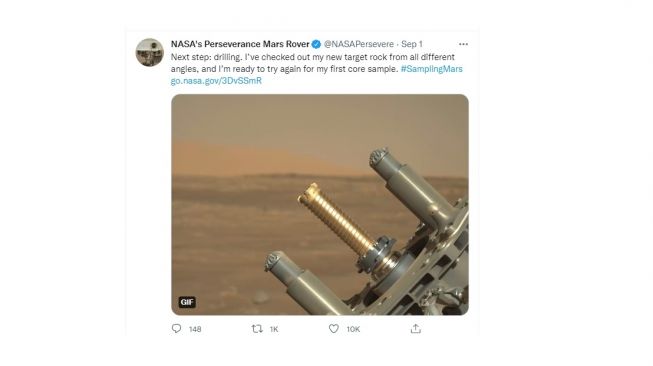 Misi Perseverance ambil sampel bebatuan kedua di mars. [Twitter]