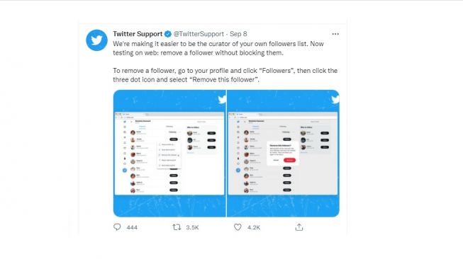 Fitur baru Twitter, menghapus pengikut tanpa memblokir. [Twitter]