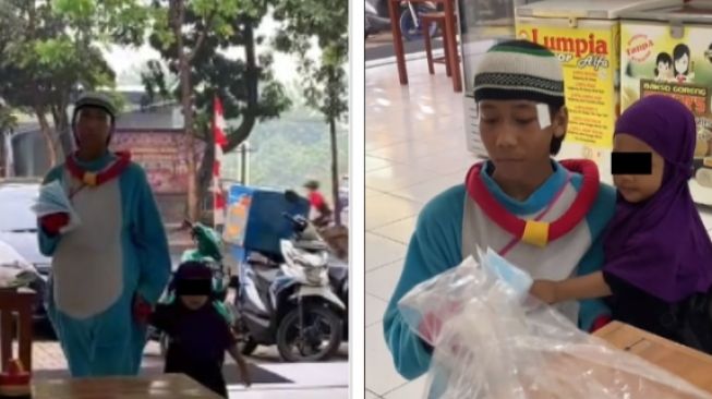 Aksi gadis kecil jadi asisten kakak yang bekerja dengan kostum badut (tiktok)