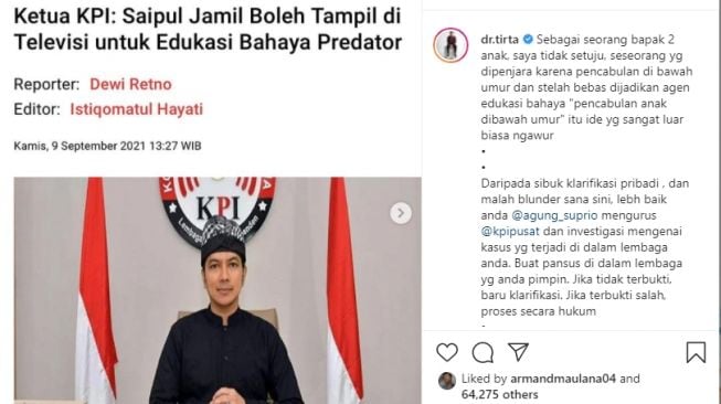 Protes Dokter Tirta terhadap keputusan Ketua KPI Pusat yang menjadikan Saipul Jamil agen edukasi [Instagram/@dr.tirta]