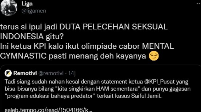 Tangkapan layar cuitan warganet usai Ketua KPI trending di Twitter. (Twitter)