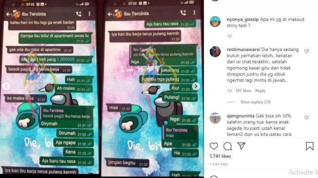 Isi percakapan diduga milik Nindy dan anaknya, Abhi [Instagram/@nyonya_gossip]