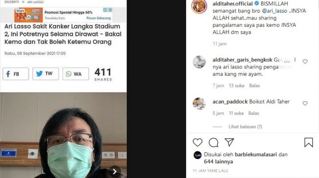 Aldi Taher manawarkan bantuan ke Ari Lasso terkait penyakit kanker yang tengah diidap mantan vokalis Dewa19 itu. [Instagram]