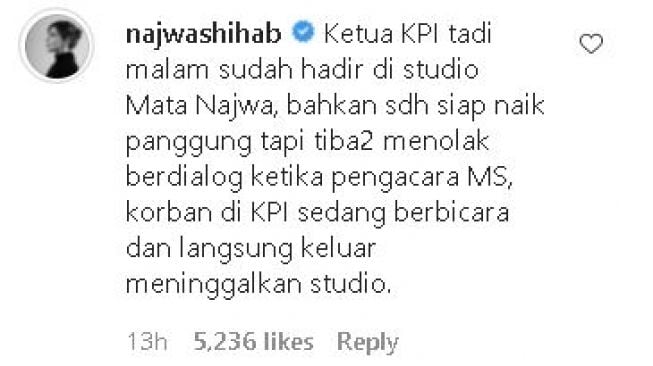 Najwa Shihab menyebut Ketua KPI menolak berdialog.(Instagram)