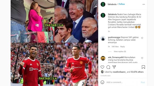 Ekspresi Ibu Cristiano Ronaldo Hingga Sir Alex Ferguson saat CR7 berhasil mencetak gol pada laga pertamanya bersama Manchester United. [Instagram/@faktabola