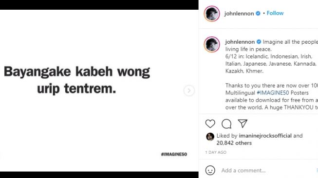 Unggahan akun Instagram John Lennon yang lirik lagu Imagine diterjemahkan ke bahasa Jawa [Instagram/@johnlennon]
